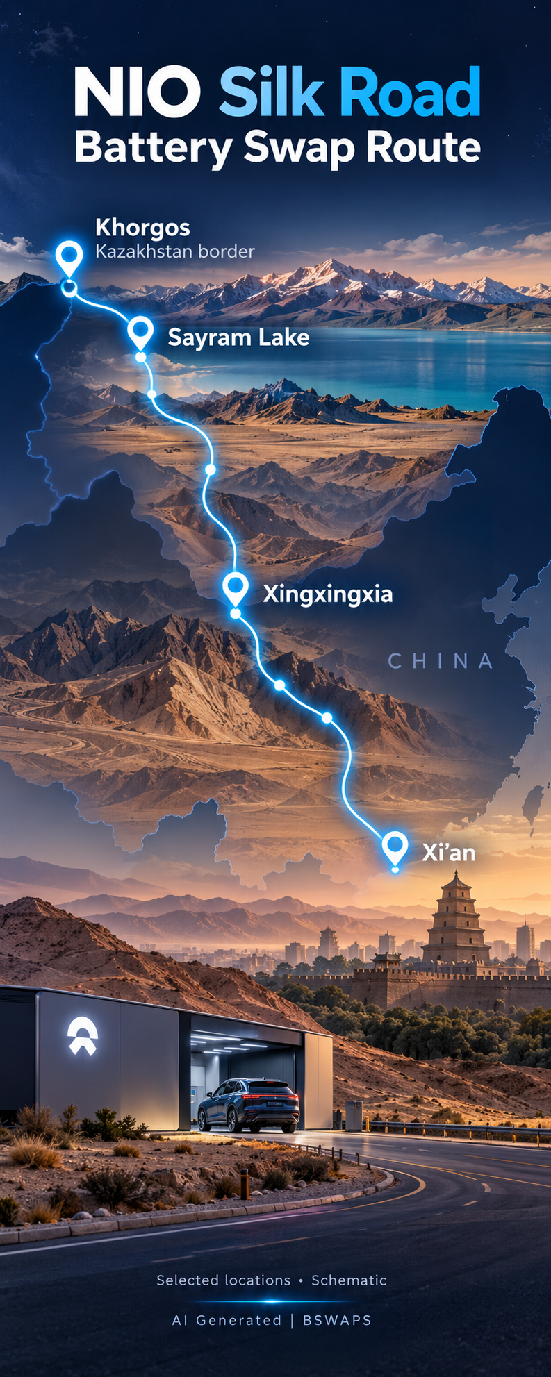 Illustrated NIO Silk Road battery swap route from Xi’an to Khorgos